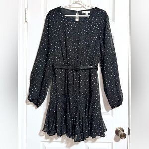 She & Sky Black & Gold Dot Long Sleeve Fit and Flare Polyester Dress Size Large